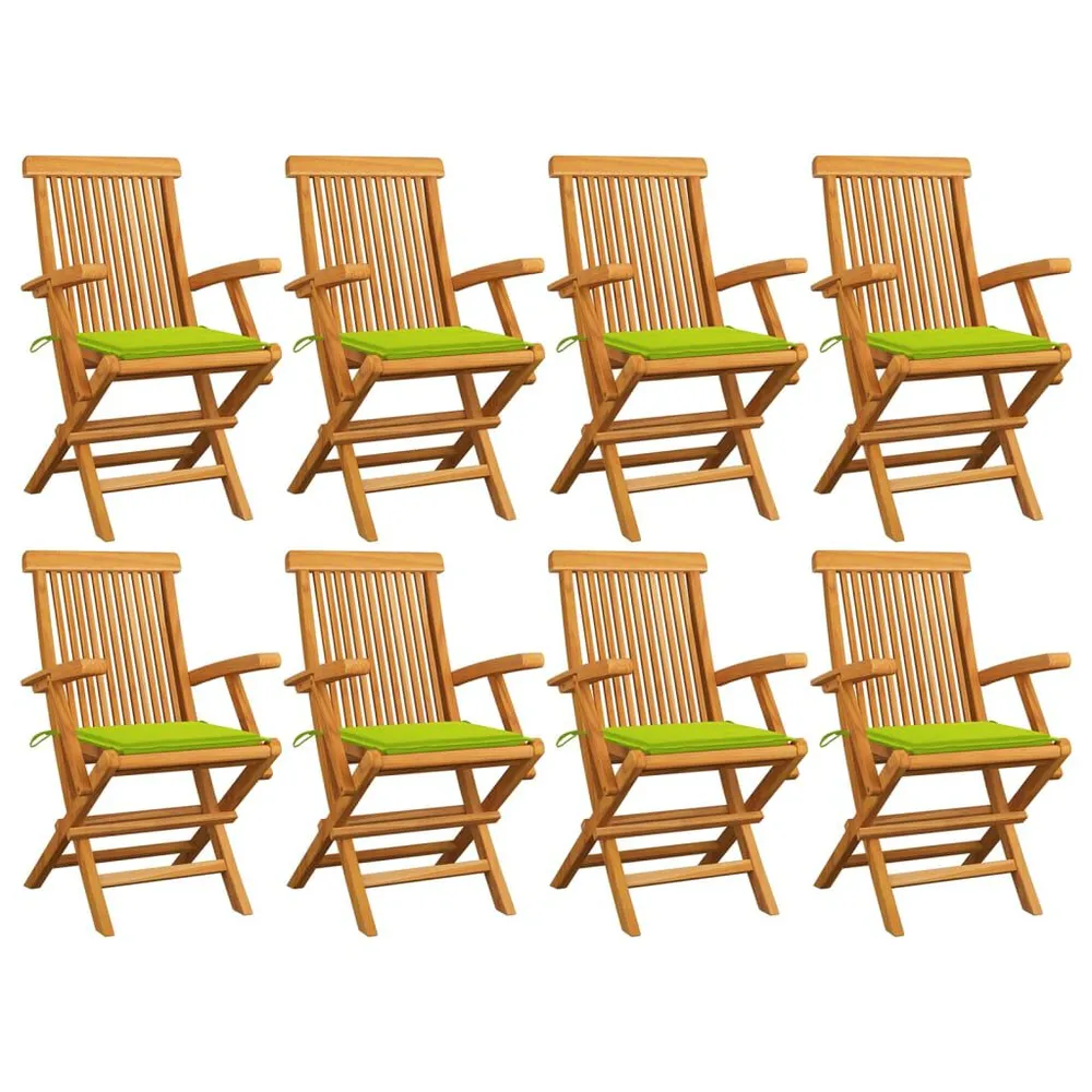 Chaises de jardin avec coussins vert vif lot de 8 Teck massif