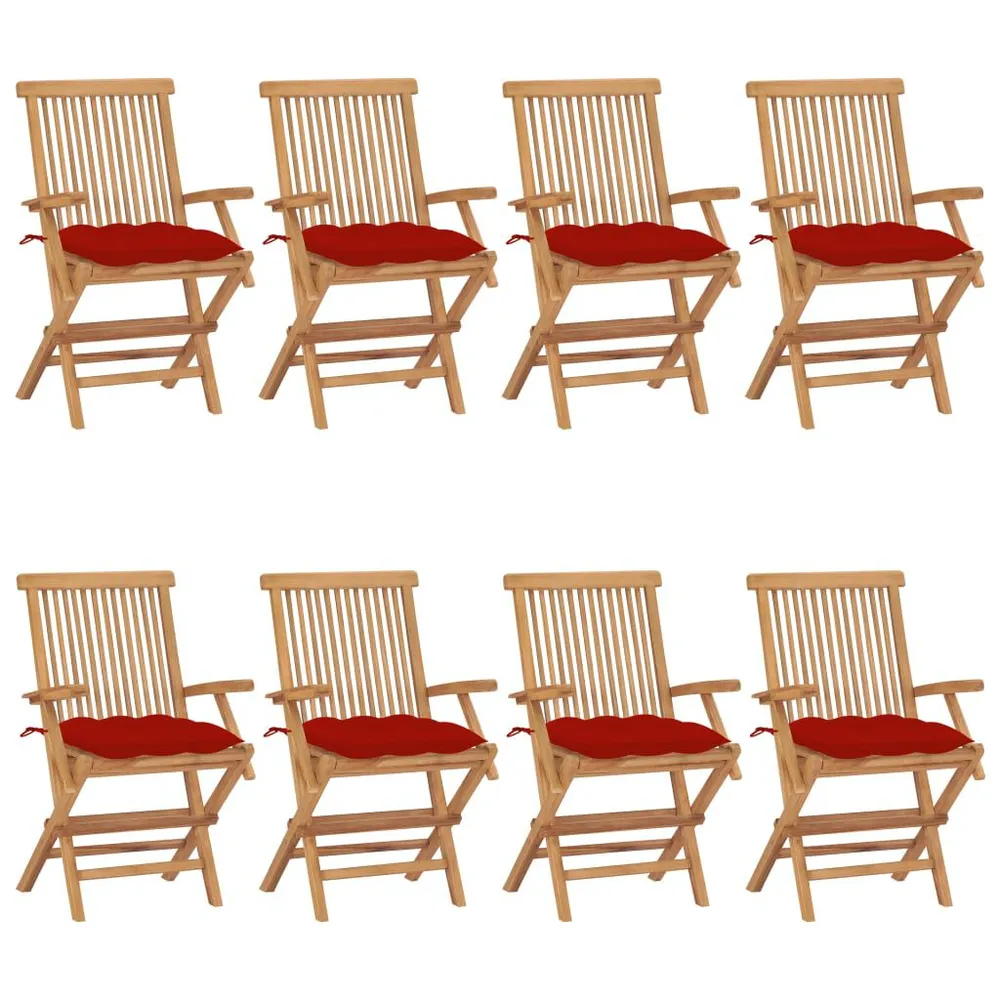 Chaises de jardin avec coussins rouge lot de 8 Bois teck massif