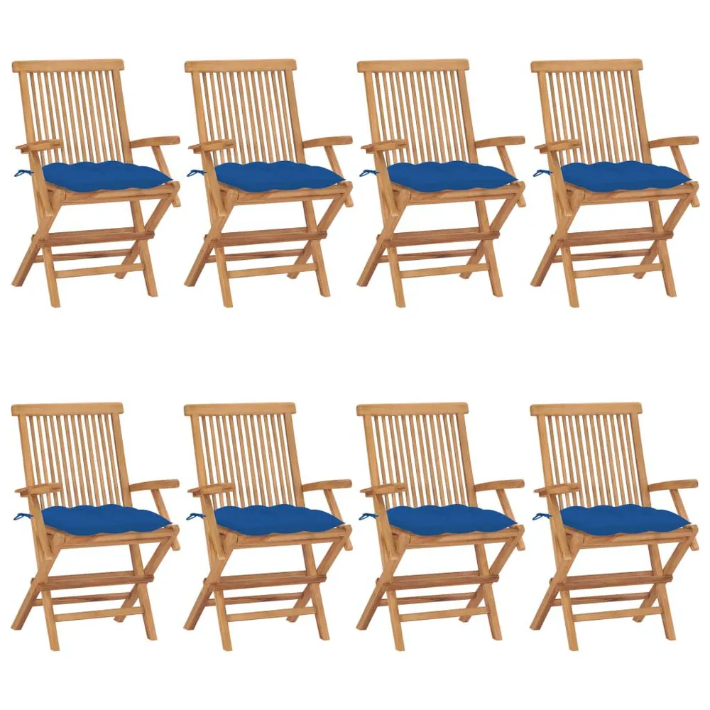 Chaises de jardin avec coussins bleu lot de 8 Bois teck massif