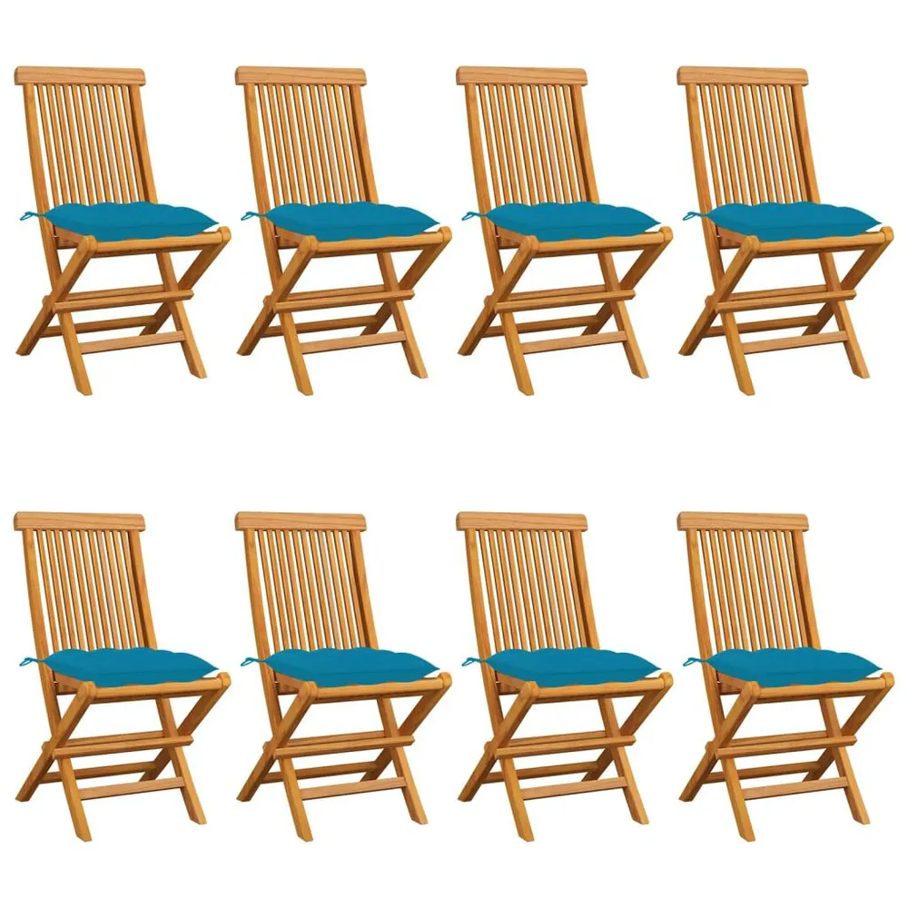 Chaises de jardin avec coussins bleu évident lot de 8 Teck massif