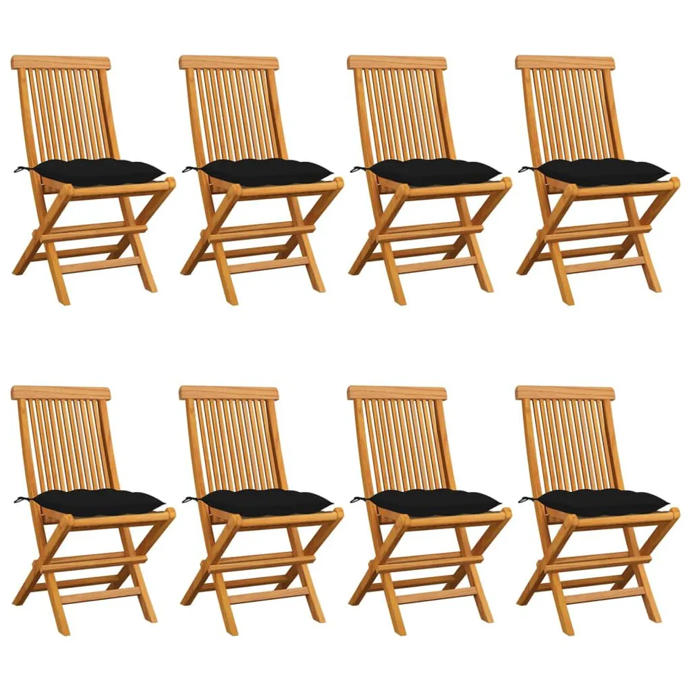 Chaises de jardin et coussins noir lot de 8 Bois de teck massif