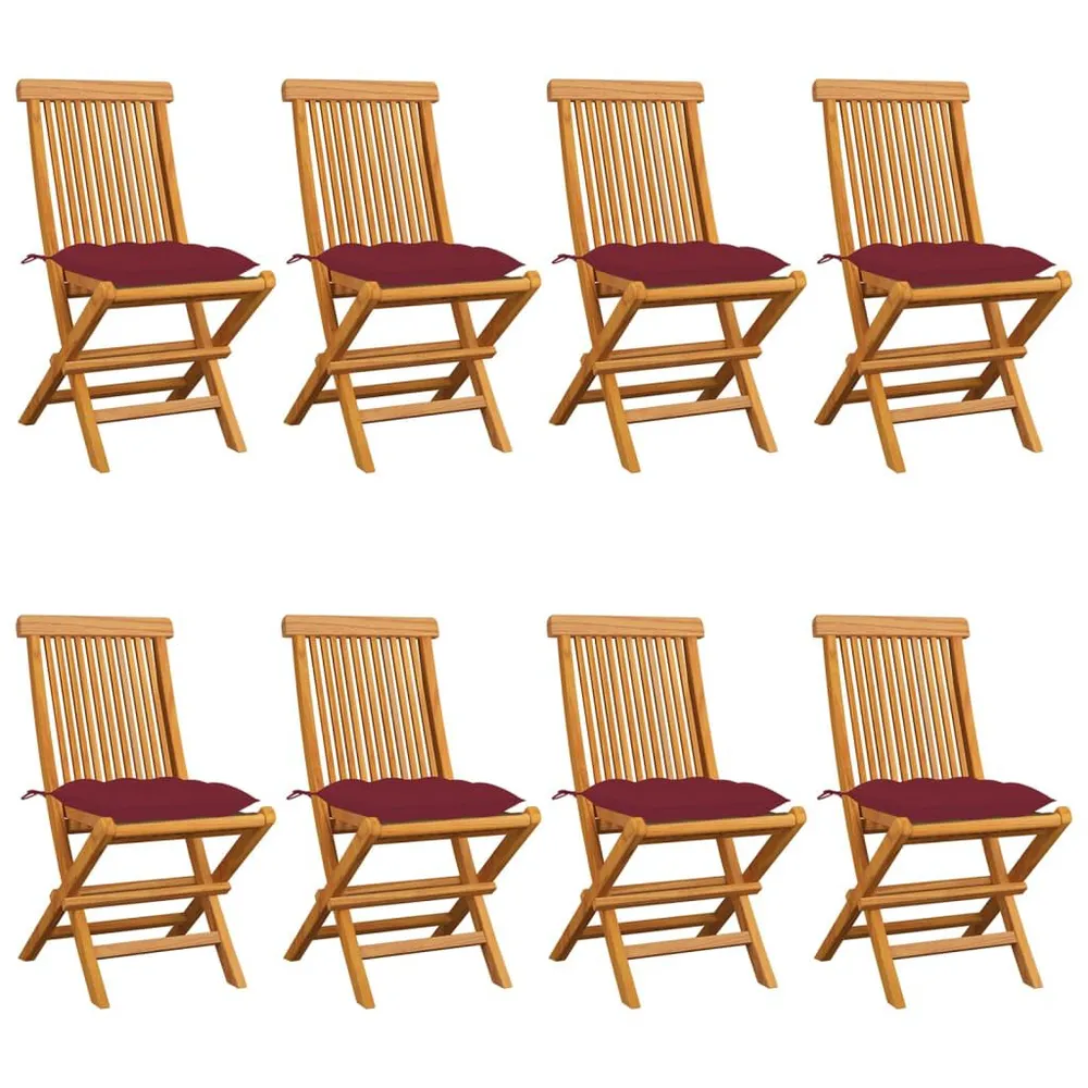 Chaises de jardin avec coussins bordeaux lot de 8 Teck massif