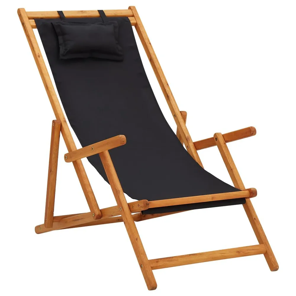 Chaise pliable de plage bois d'eucalyptus solide et tissu noir