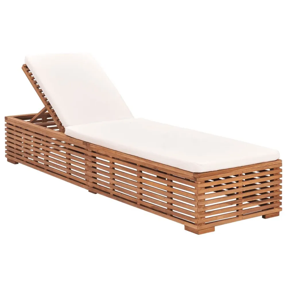 Chaise longue avec coussin crème Bois de teck solide