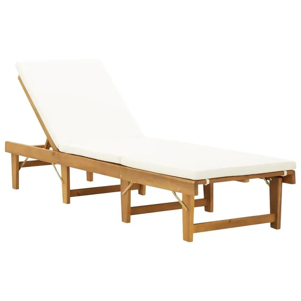 Chaise longue pliable coussin Bois massif d'acacia Blanc crème