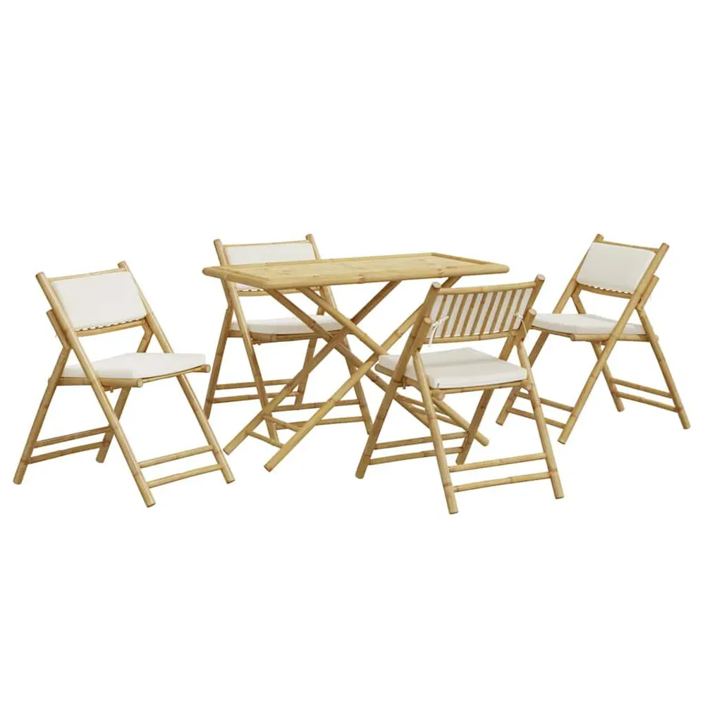 Ensemble de bistro pliante 5 pcs et coussins blanc crème bambou