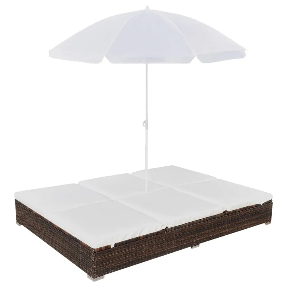 Chaise longue d'extérieur avec parasol Résine tressée Marron