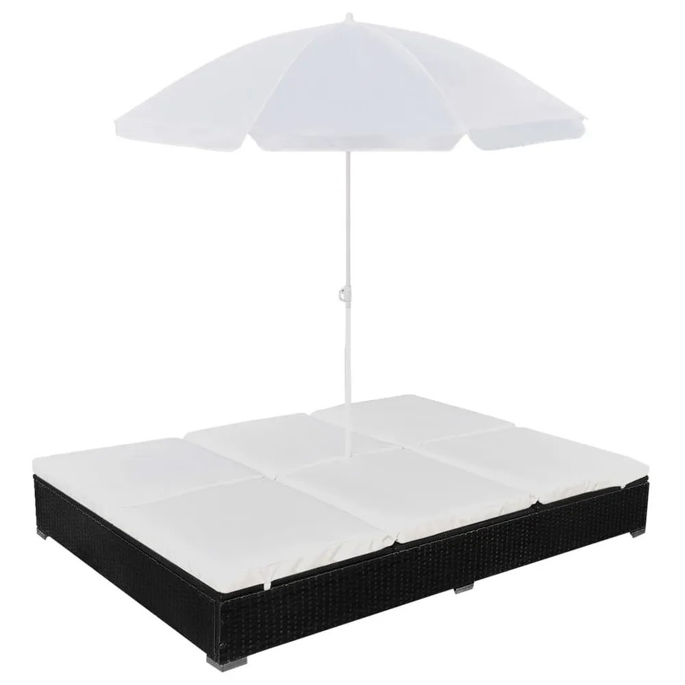 Chaise longue d'extérieur avec parasol Résine tressée Noir