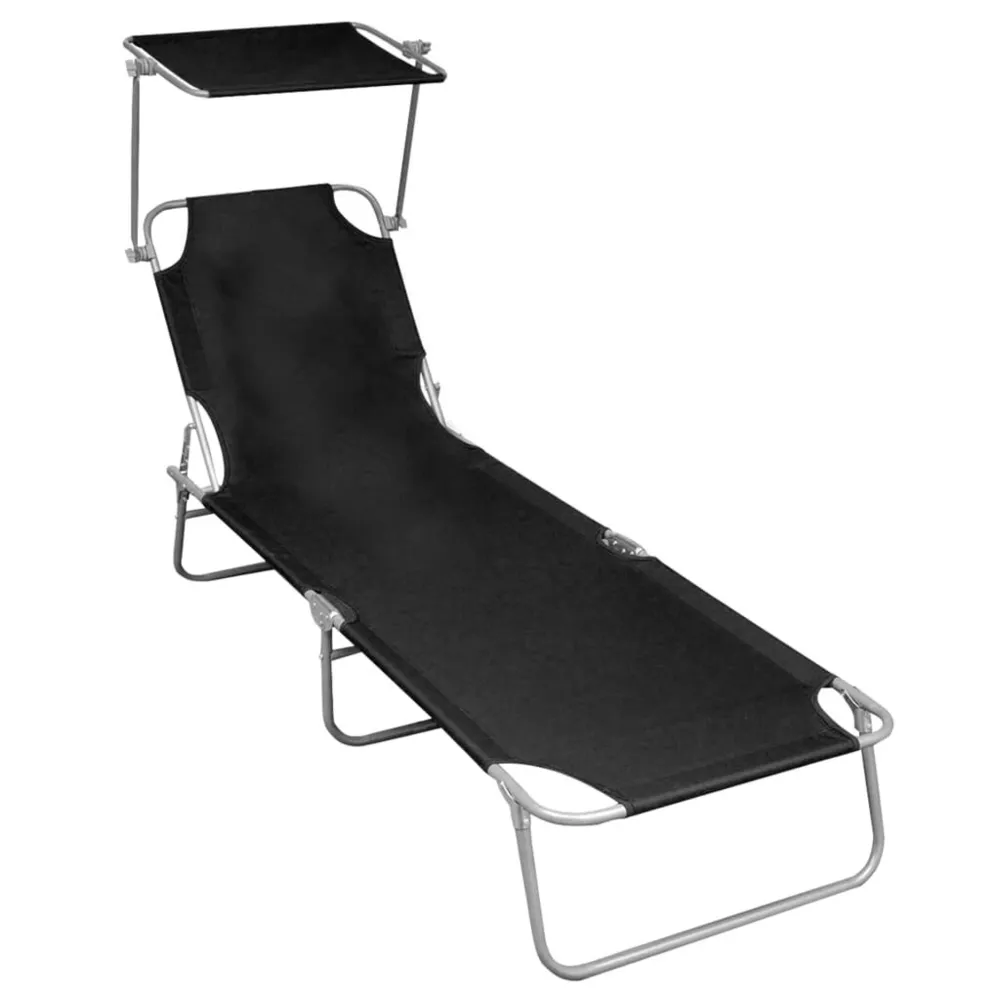 Chaise longue pliable avec auvent Noir Aluminium