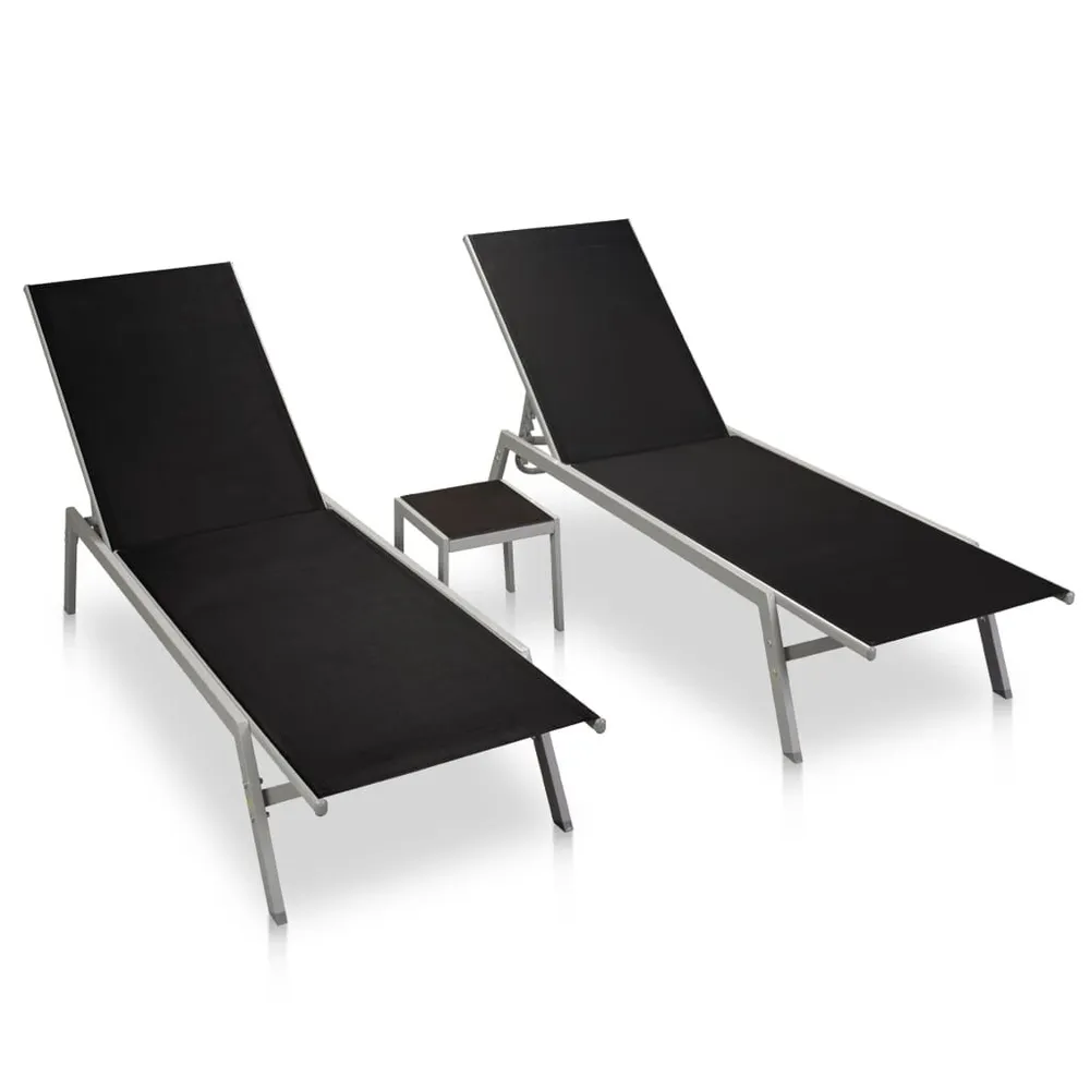 Chaises longues lot de 2 avec table acier et textilène noir