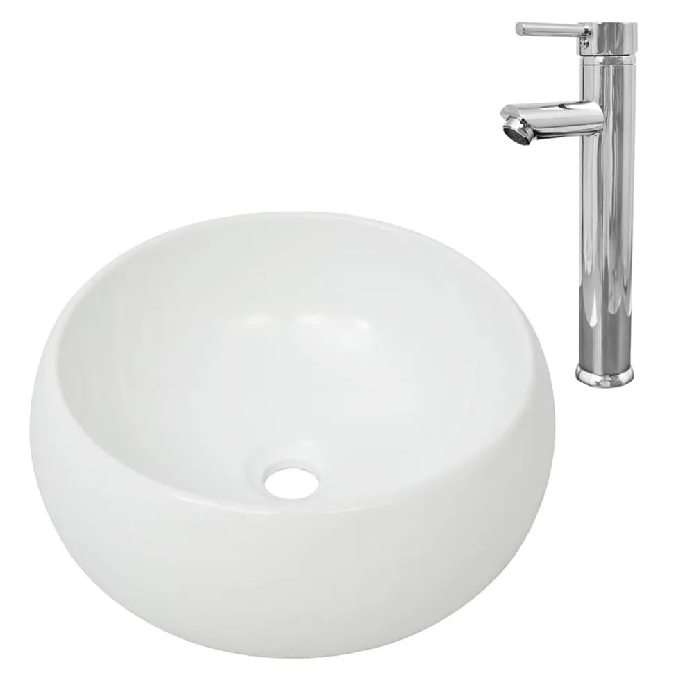 Lavabo de salle de bain avec mitigeur Céramique Rond Blanc