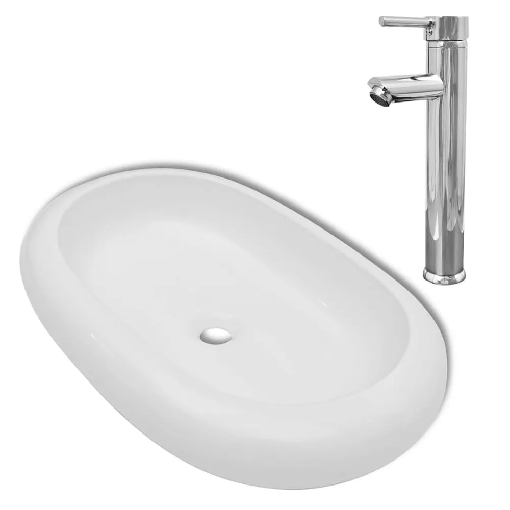 Lavabo de salle de bain avec mitigeur Céramique Ovale Blanc