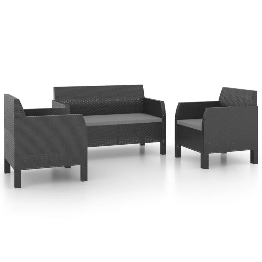 Salon de jardin 3 pcs avec coussins PP Rotin Anthracite