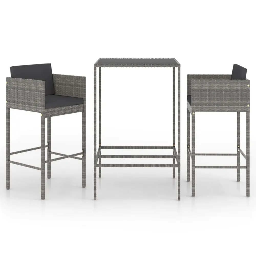 Ensemble de bar de jardin 3 pcs et coussins Résine tressée Gris