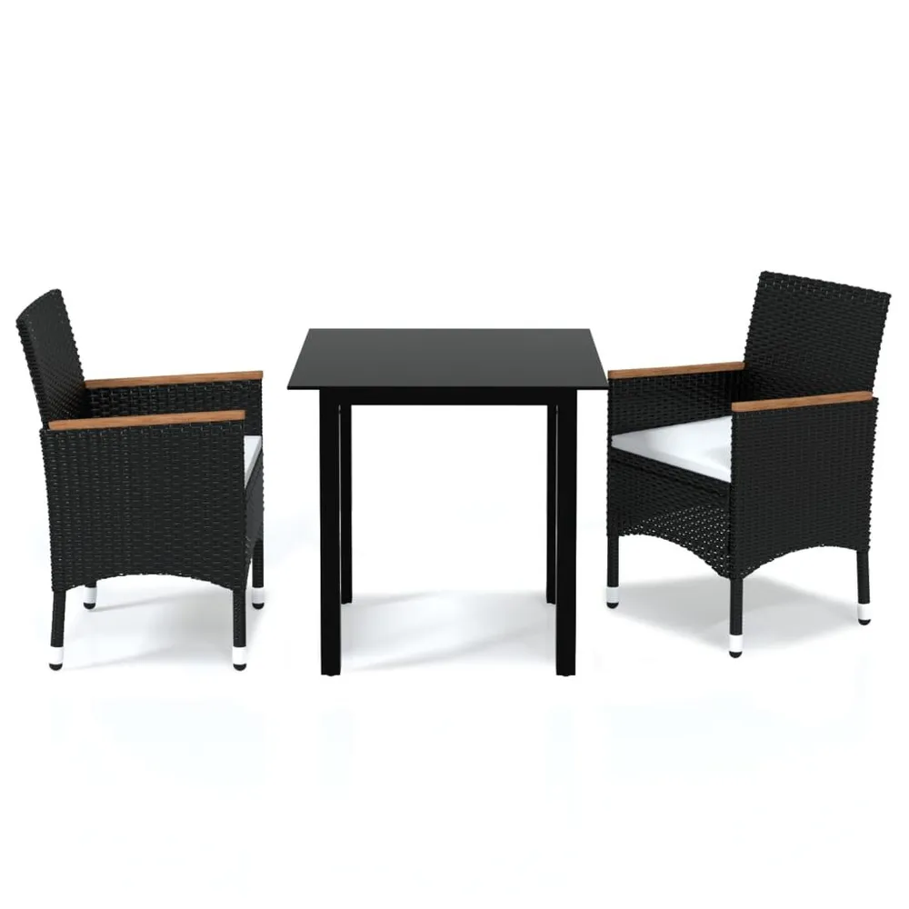 Ensemble à dîner de jardin avec coussins 3 pcs poly rotin noir