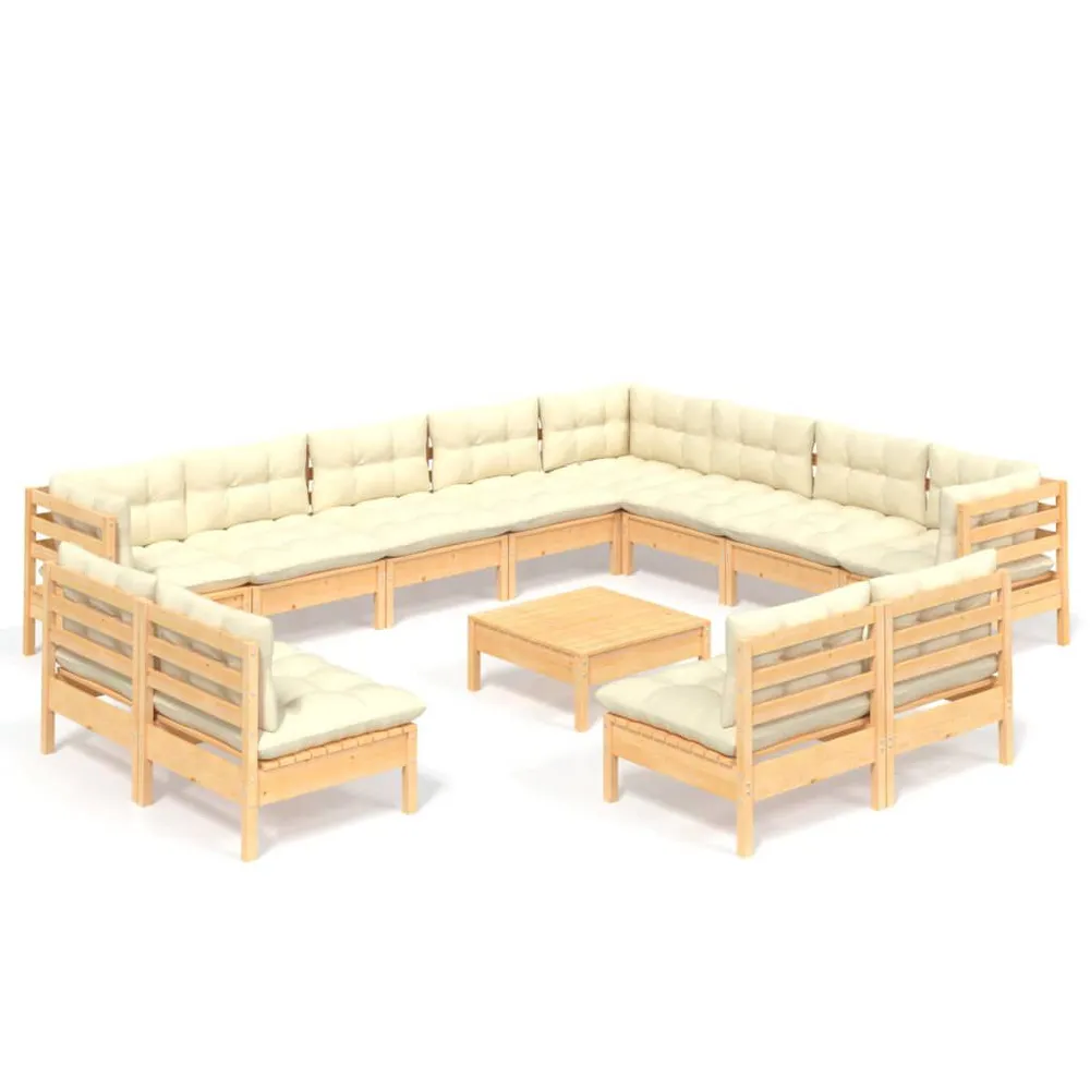 Salon de jardin 13 pcs avec coussins crème Bois de pin solide