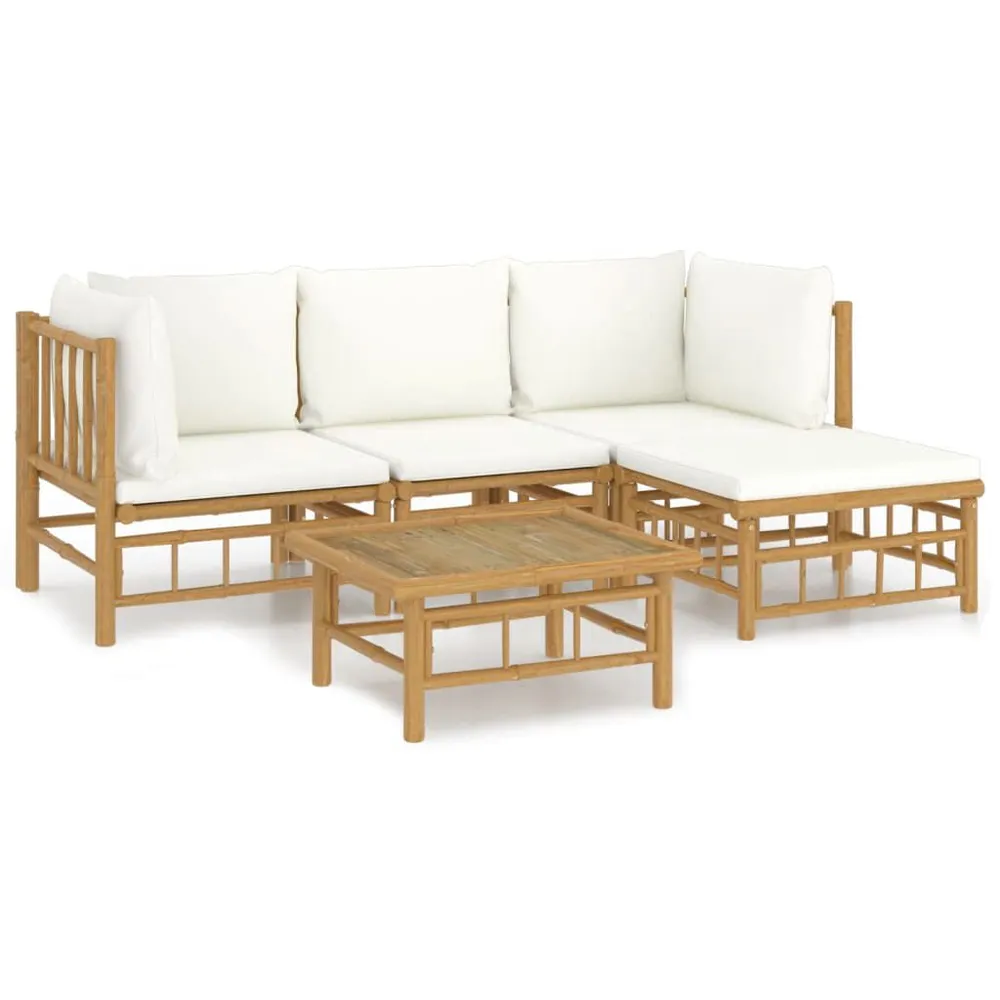 Salon de jardin 5 pcs avec coussins blanc crème bambou