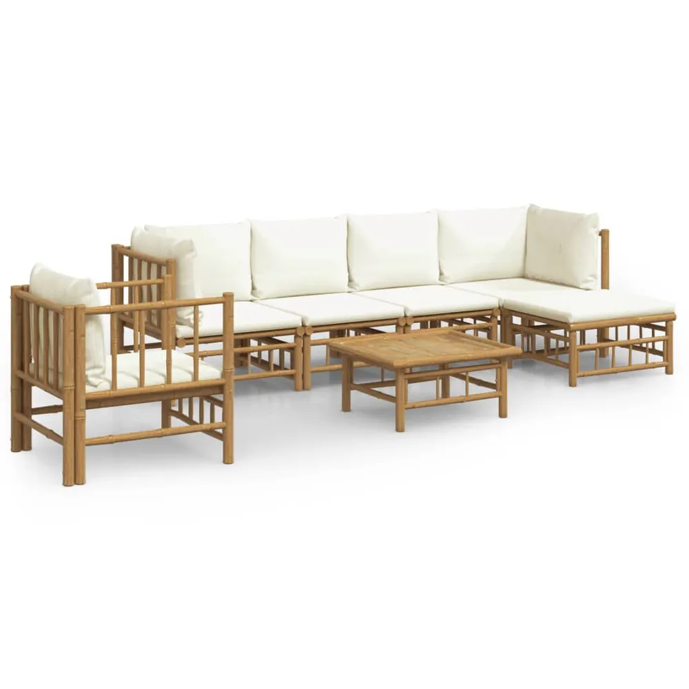 Salon de jardin 7 pcs avec coussins blanc crème bambou