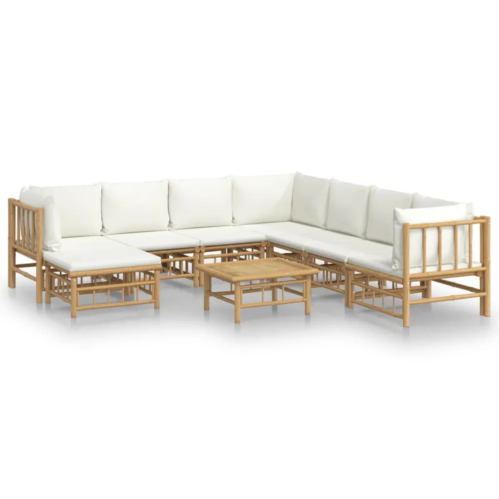 Salon de jardin 9 pcs avec coussins blanc crème bambou