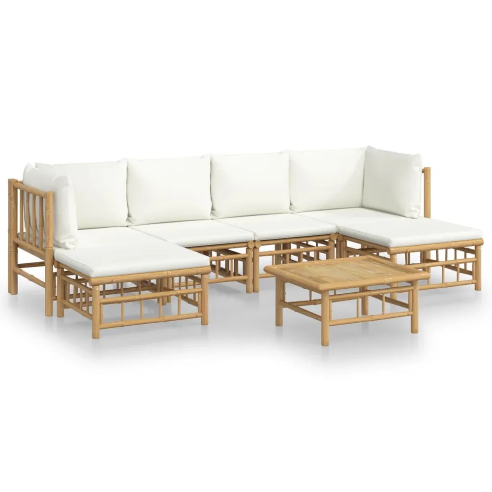 Salon de jardin 7 pcs avec coussins blanc crème bambou