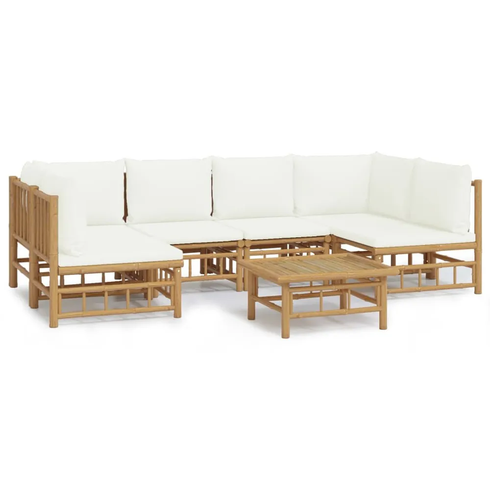 Salon de jardin 7 pcs avec coussins blanc crème bambou