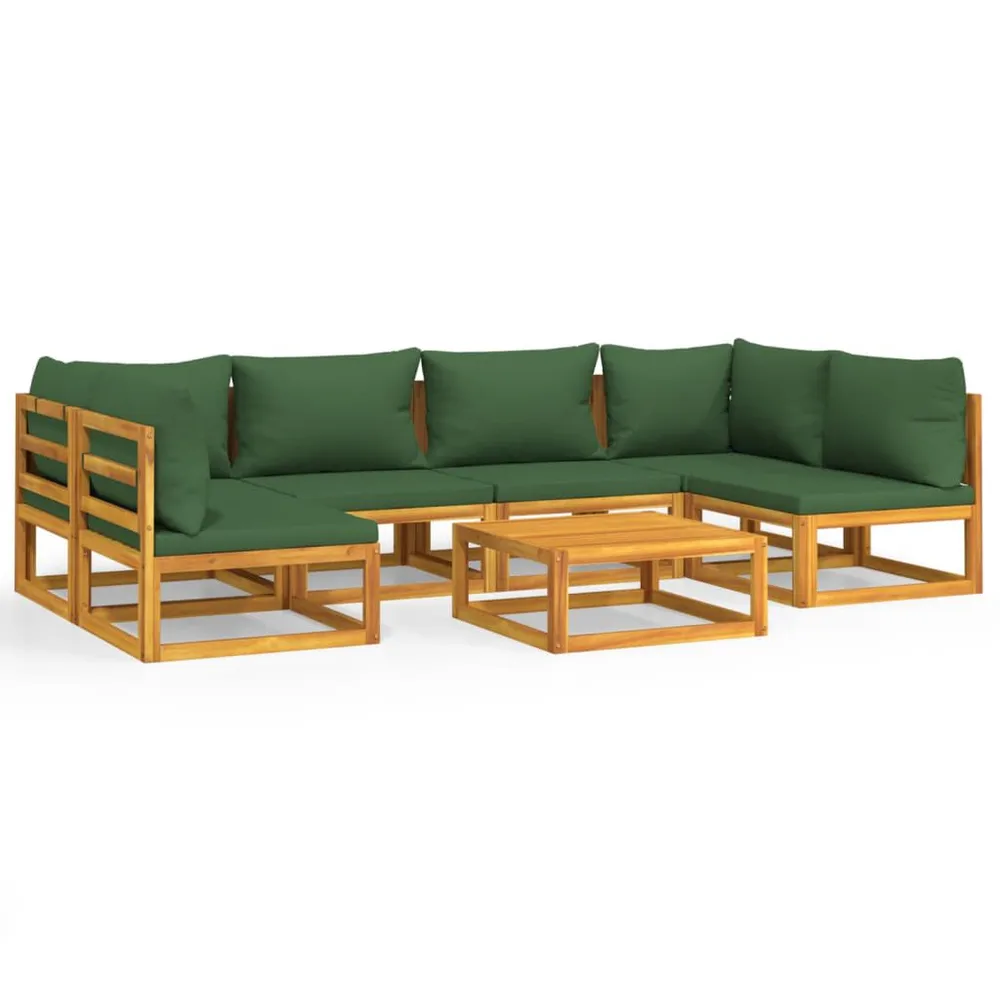 Salon de jardin 7 pcs avec coussins vert bois massif