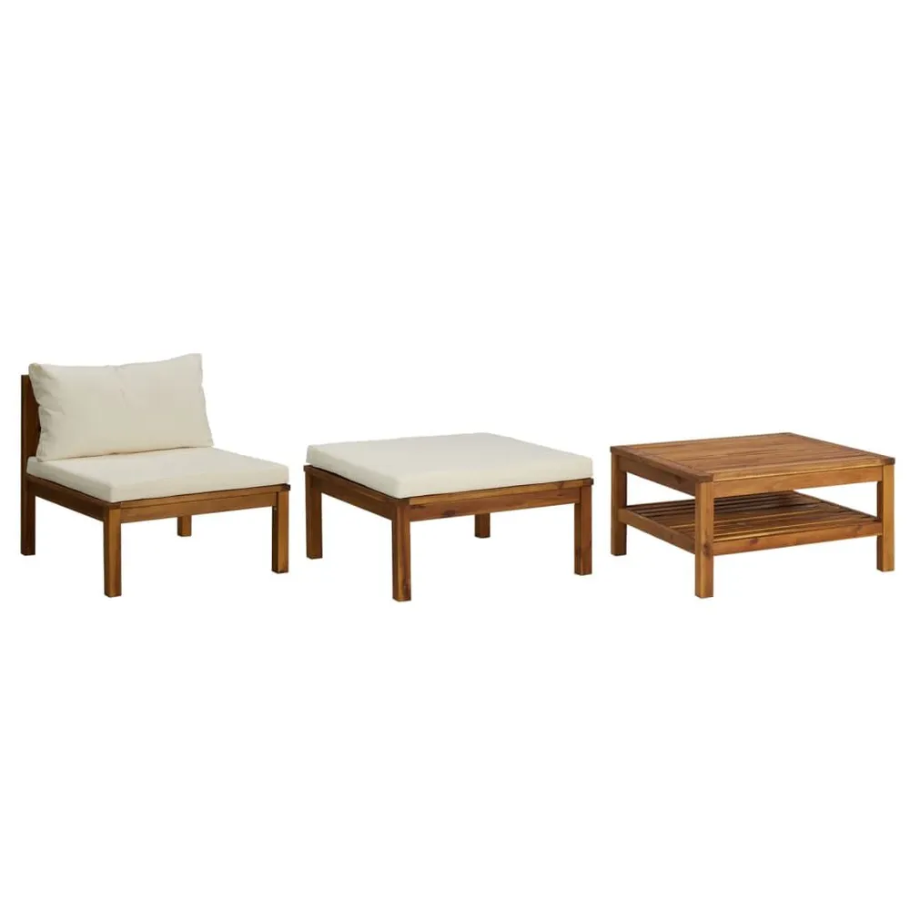 Salon de jardin 3 pcs avec coussins blanc crème Bois d'acacia