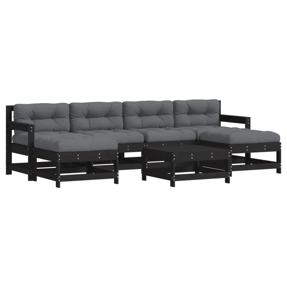 Salon de jardin 7 pcs avec coussins noir bois massif