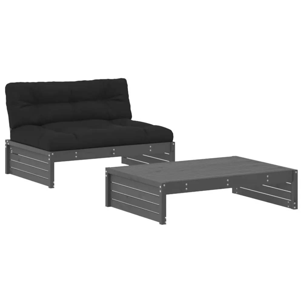 Salon de jardin 2 pcs avec coussins gris bois massif