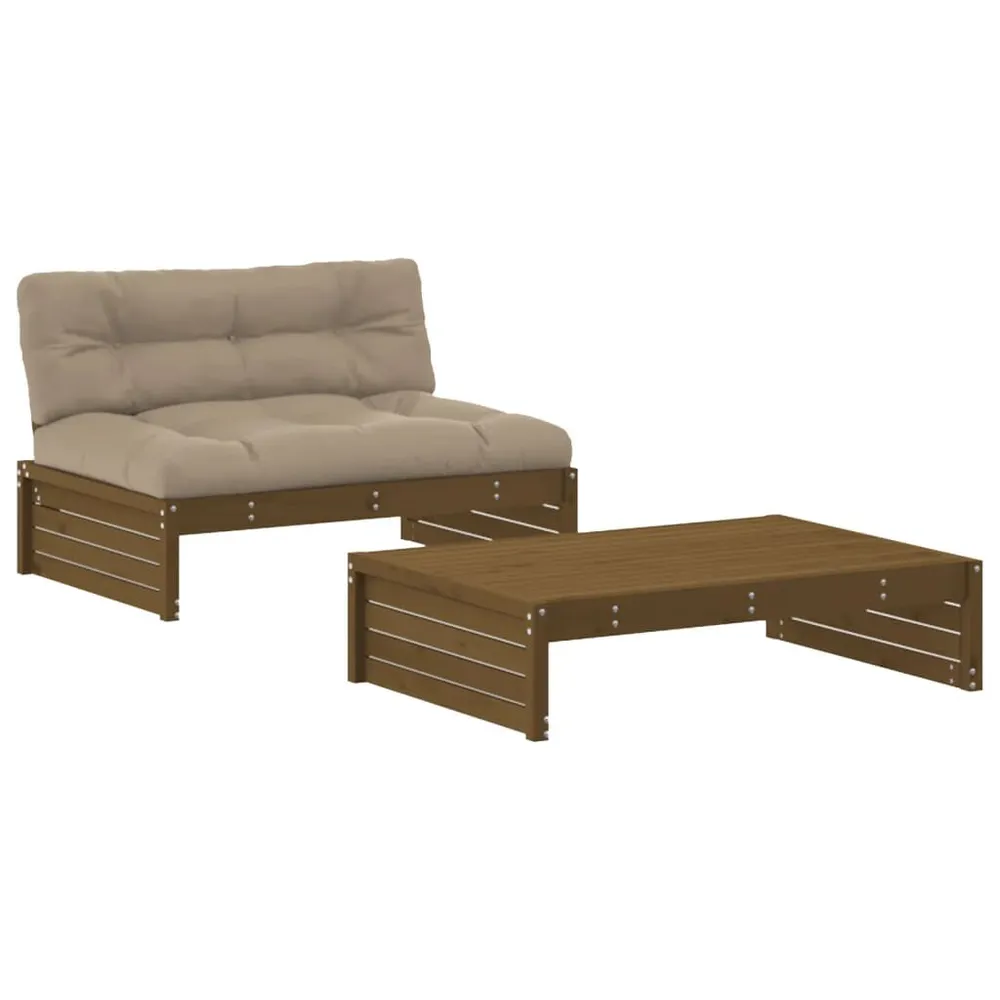 Salon de jardin 2 pcs avec coussins marron miel bois massif