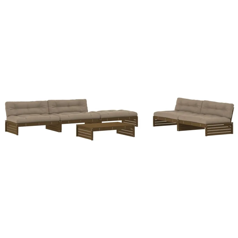 Salon de jardin 6 pcs avec coussins marron miel bois massif