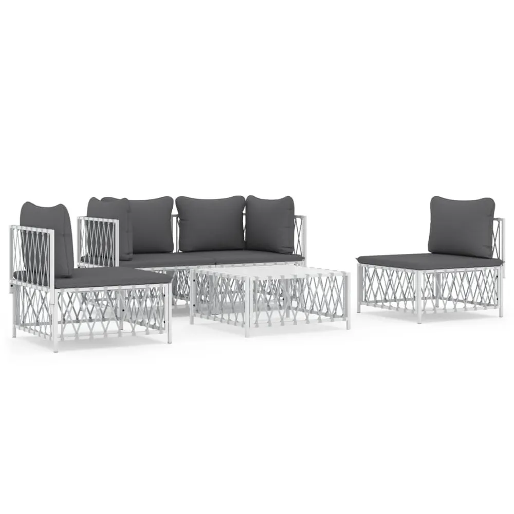 Salon de jardin avec coussins 5 pcs blanc acier