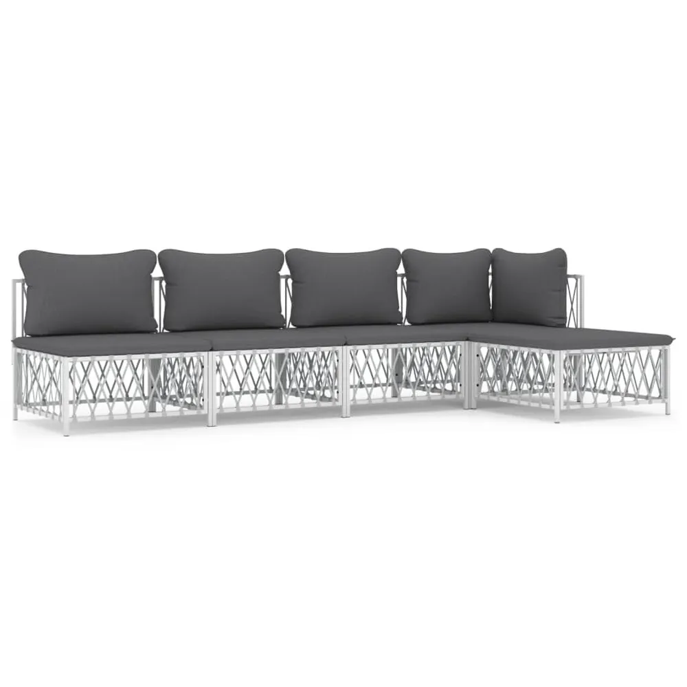 Salon de jardin avec coussins 5 pcs blanc acier