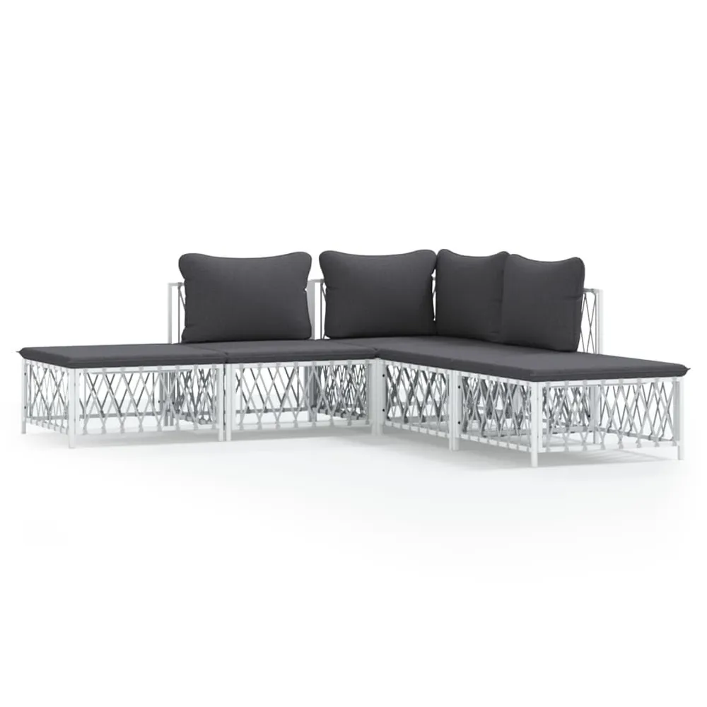 Salon de jardin avec coussins 5 pcs blanc acier