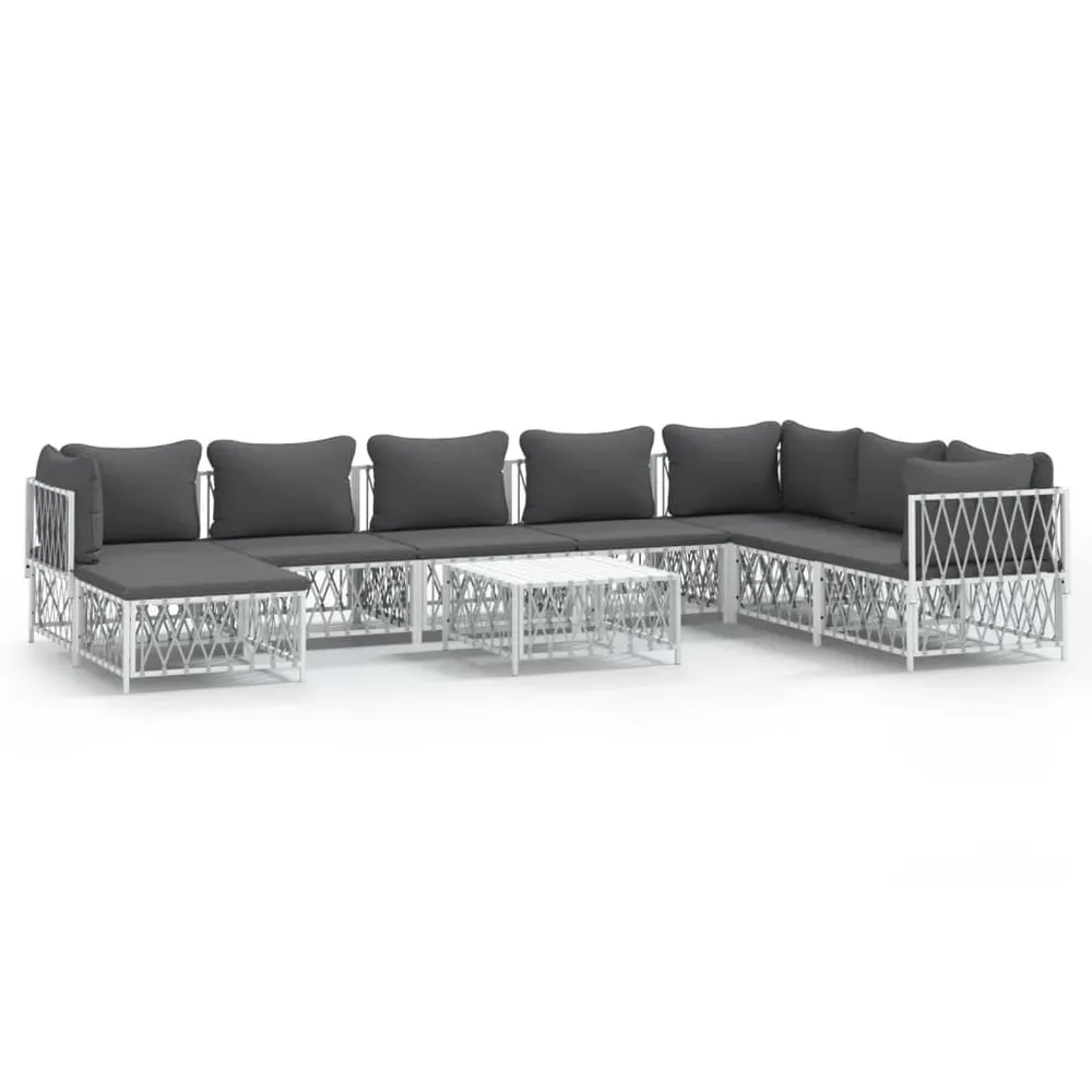 Salon de jardin avec coussins 9 pcs blanc acier