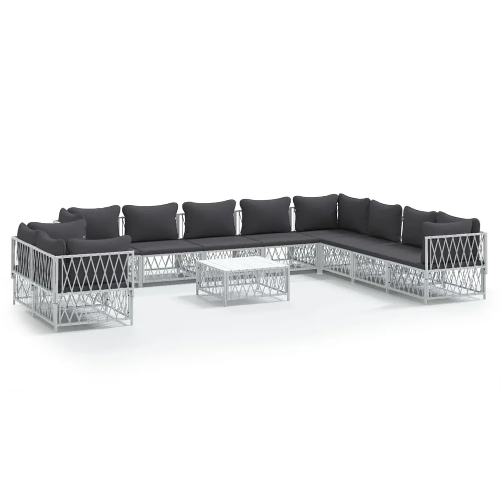 Salon de jardin avec coussins 11 pcs blanc acier