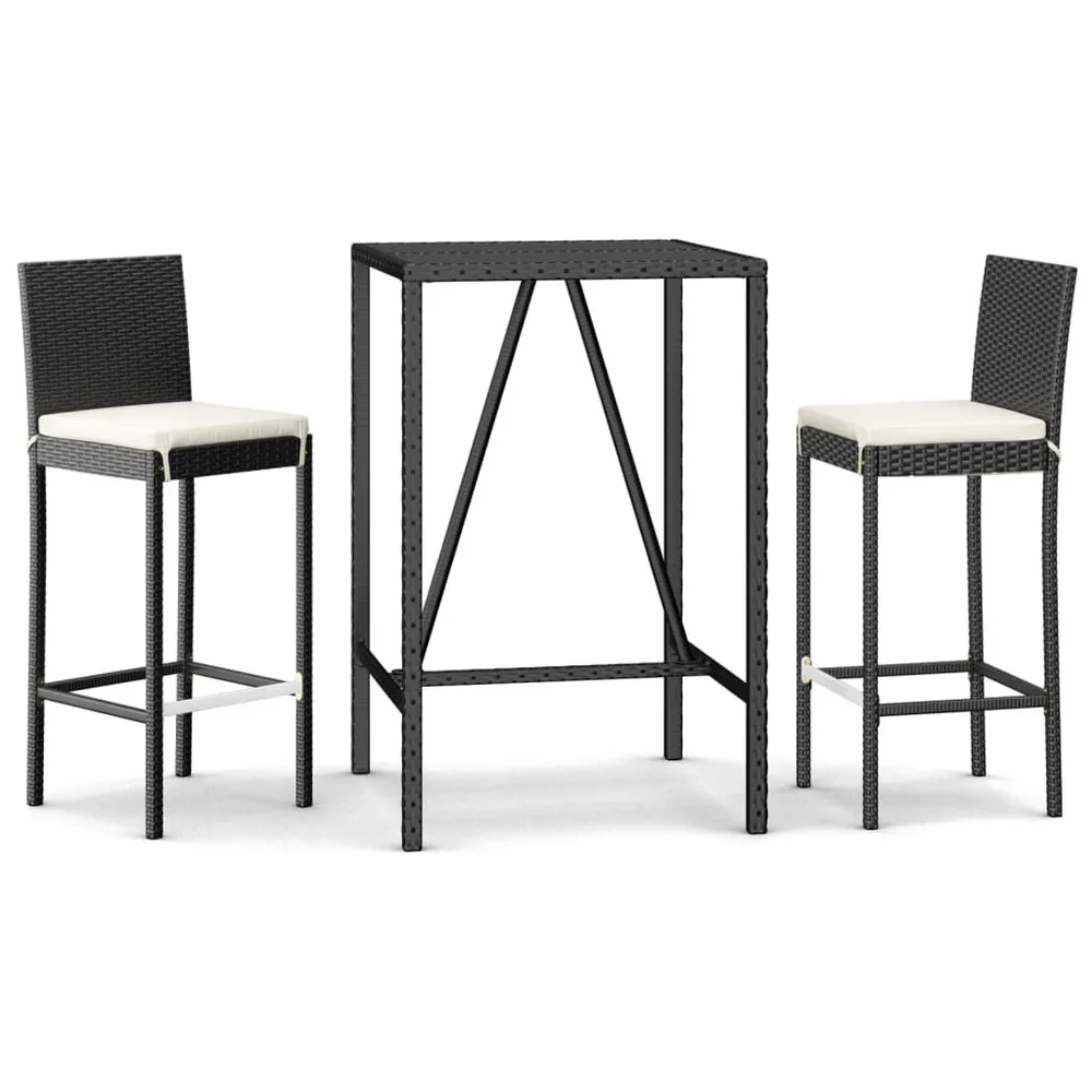 Ensemble de bar de jardin 3 pcs avec coussins noir poly rotin