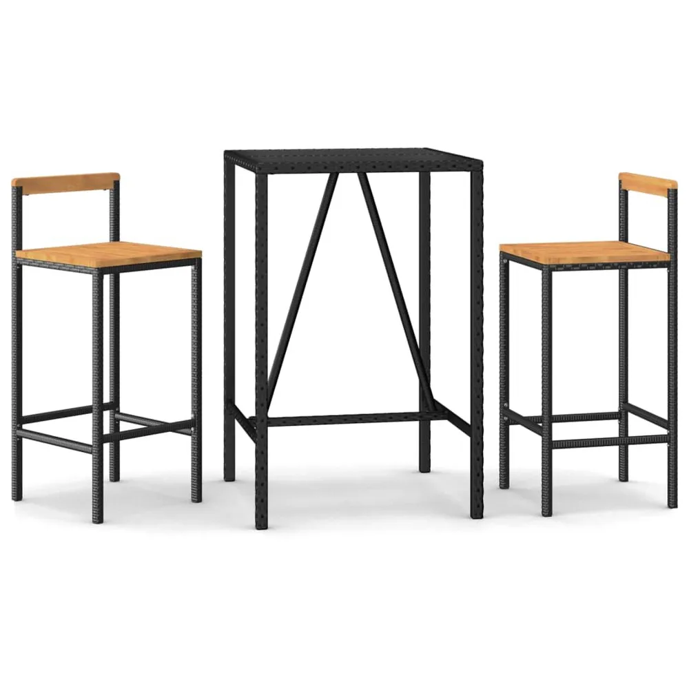 Ensemble de bar jardin 3 pcs noir poly rotin/bois massif acacia