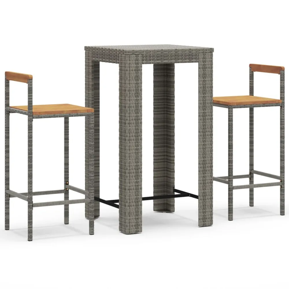 Ensemble de bar jardin 3 pcs gris poly rotin/bois massif acacia