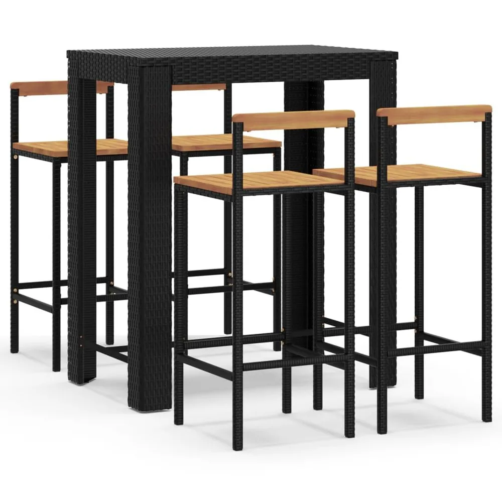 Ensemble de bar jardin 5 pcs noir poly rotin/bois massif acacia