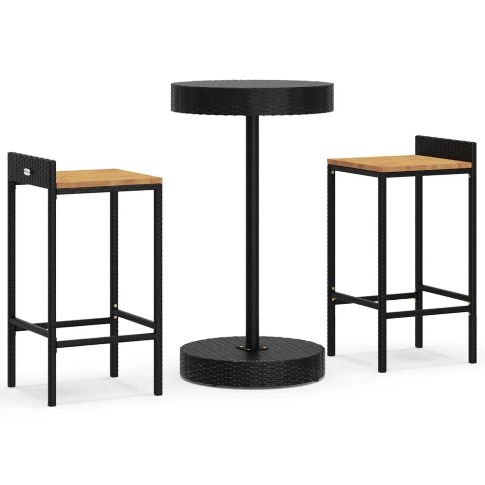 Ensemble de bar jardin 3 pcs noir poly rotin/bois massif acacia