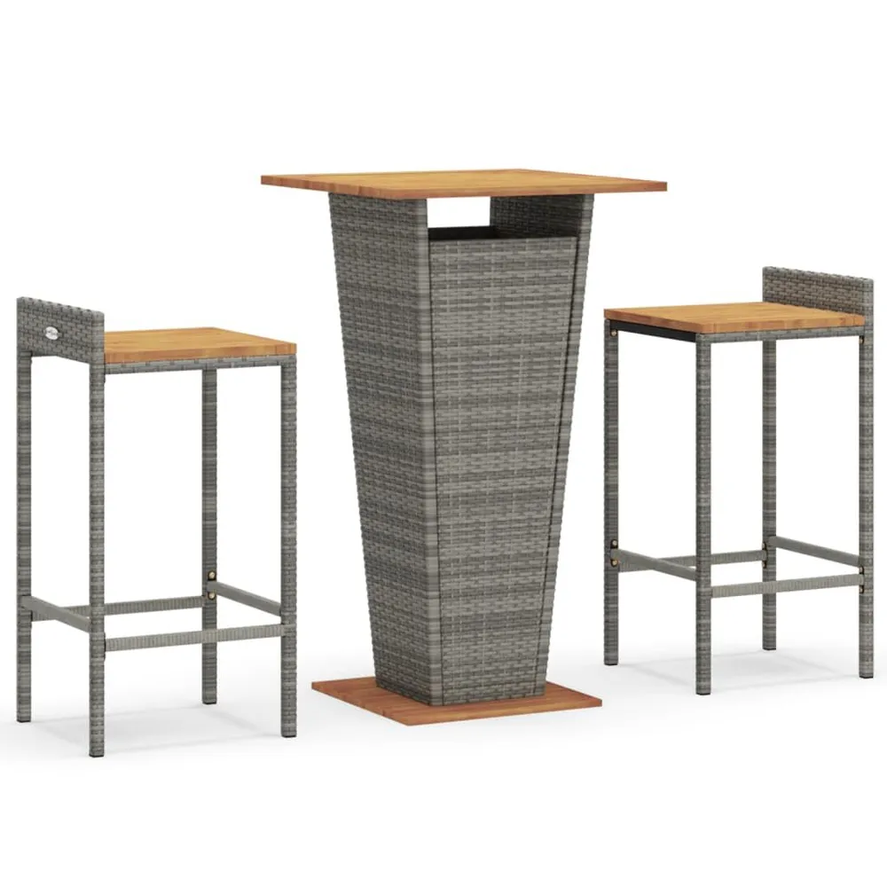 Ensemble de bar jardin 3 pcs gris poly rotin/bois massif acacia