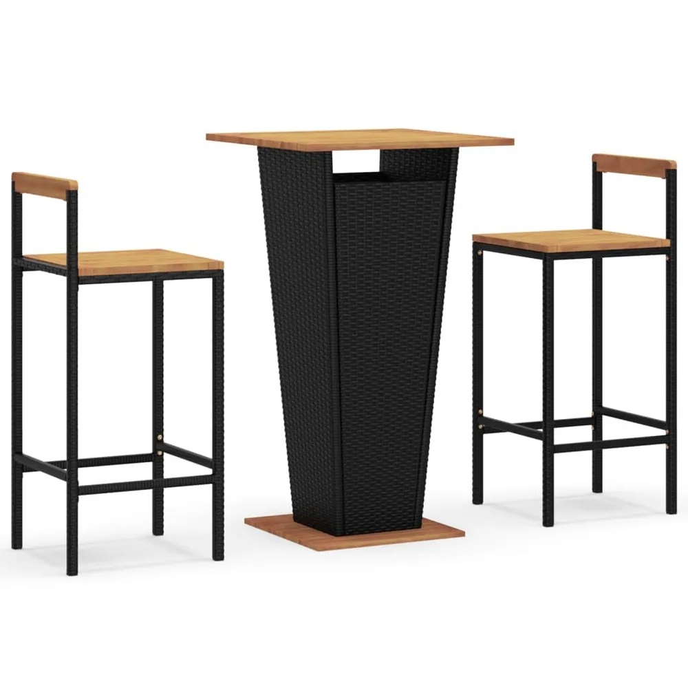 Ensemble de bar jardin 3 pcs noir poly rotin/bois massif acacia