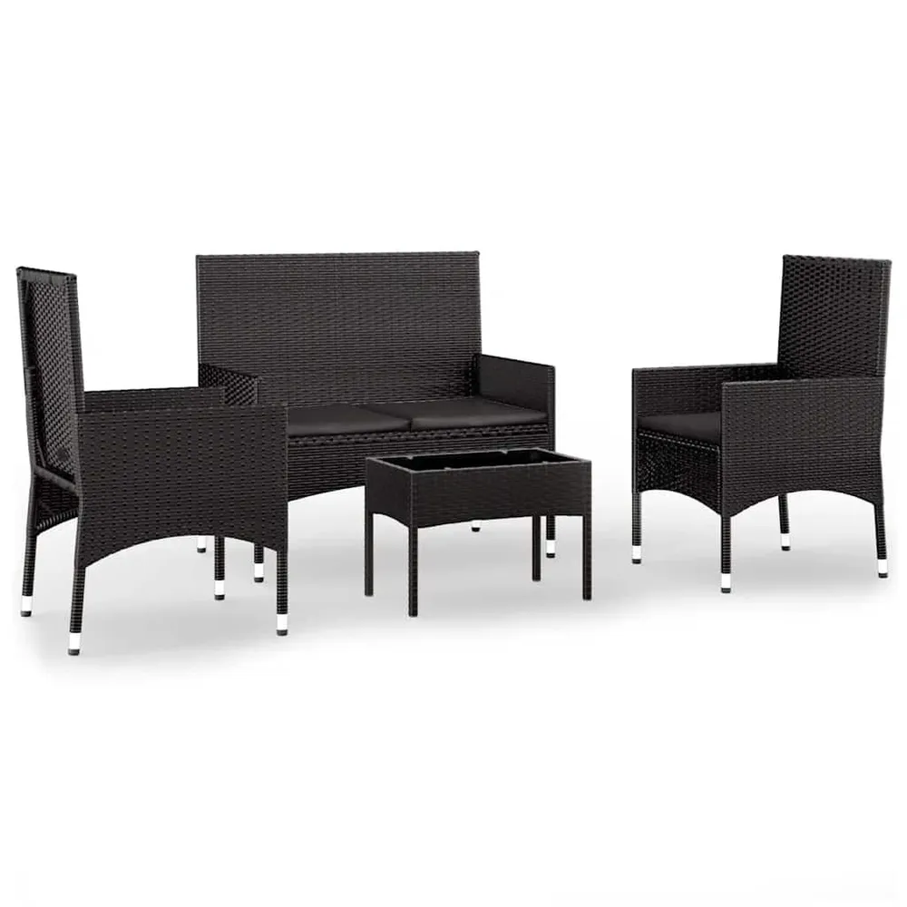 Salon de jardin 4 pcs avec coussins Noir Résine tressée