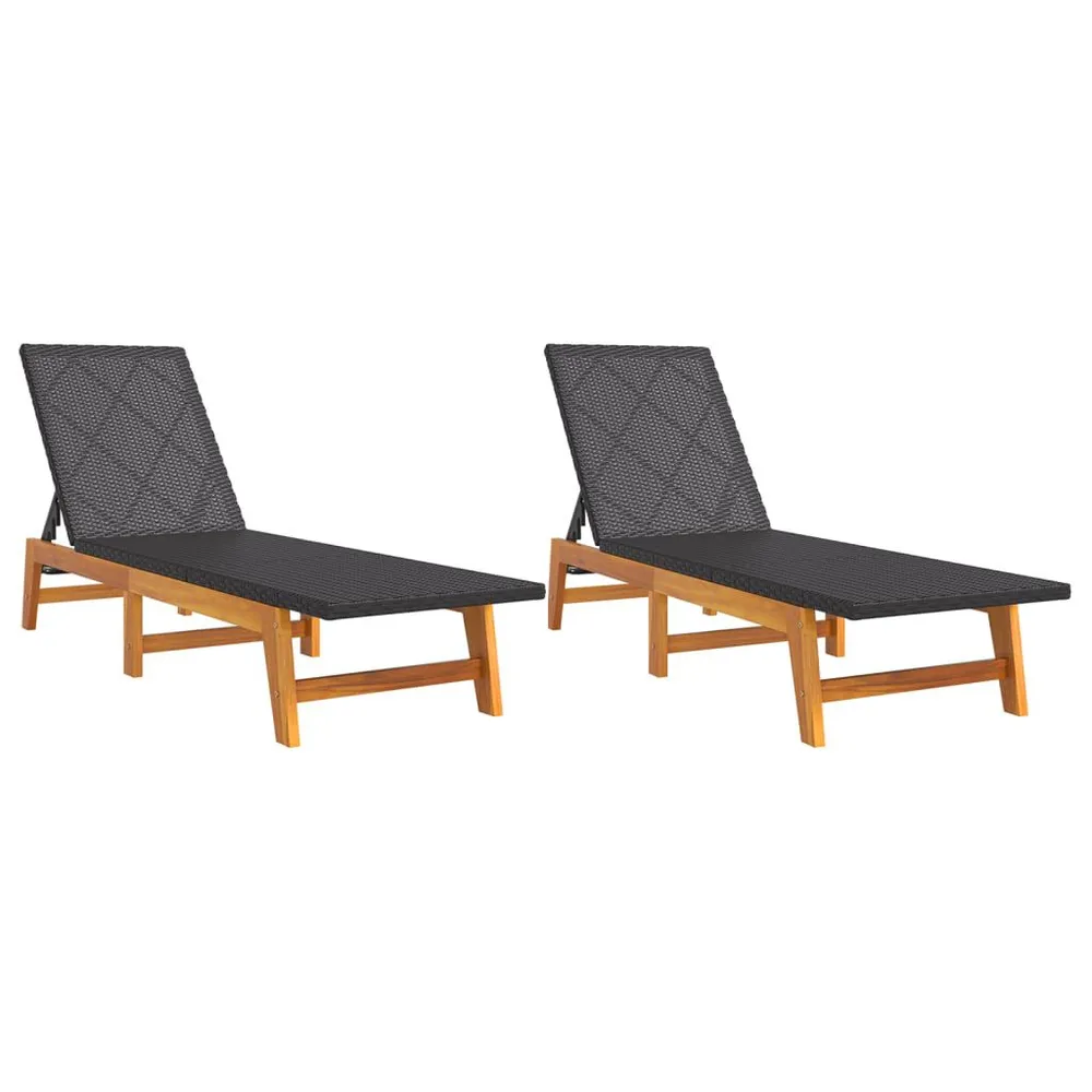 Chaises longues lot de 2 noir/marron résine tressée/bois acacia