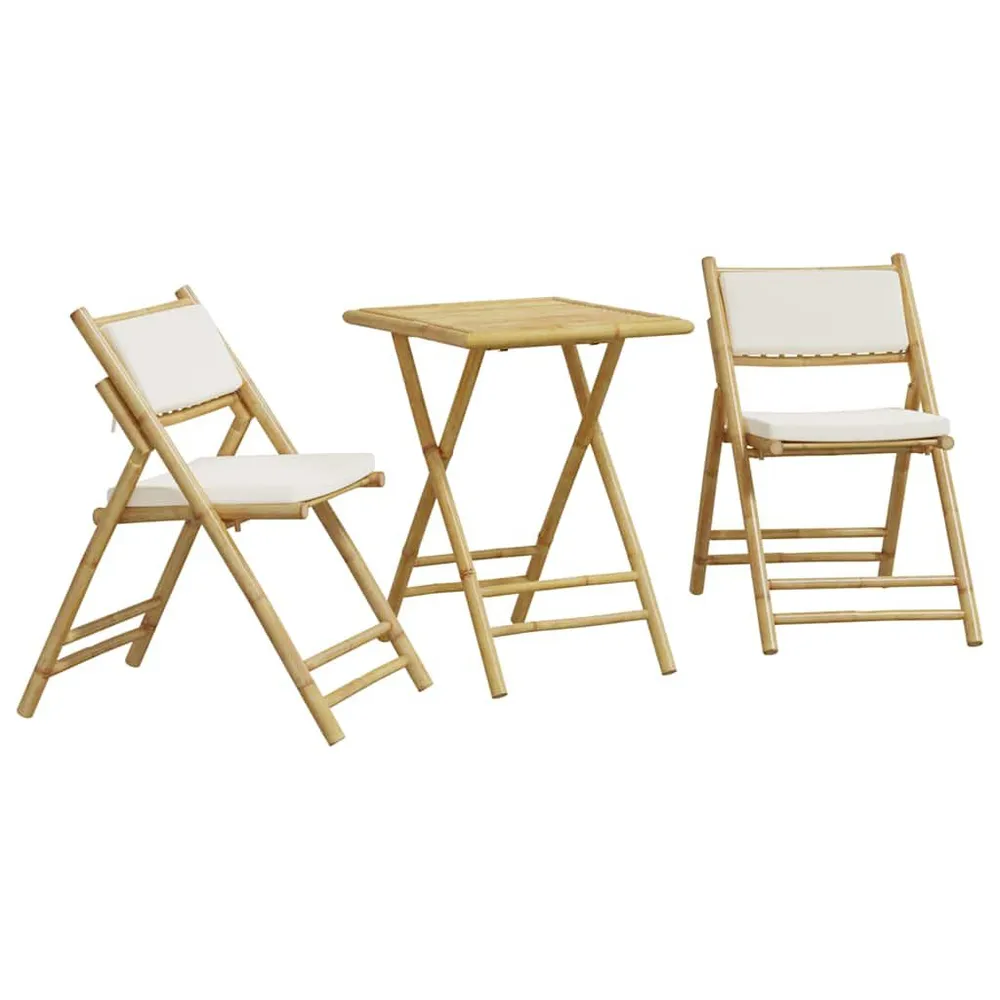 Ensemble de bistro pliante 3 pcs et coussins blanc crème bambou