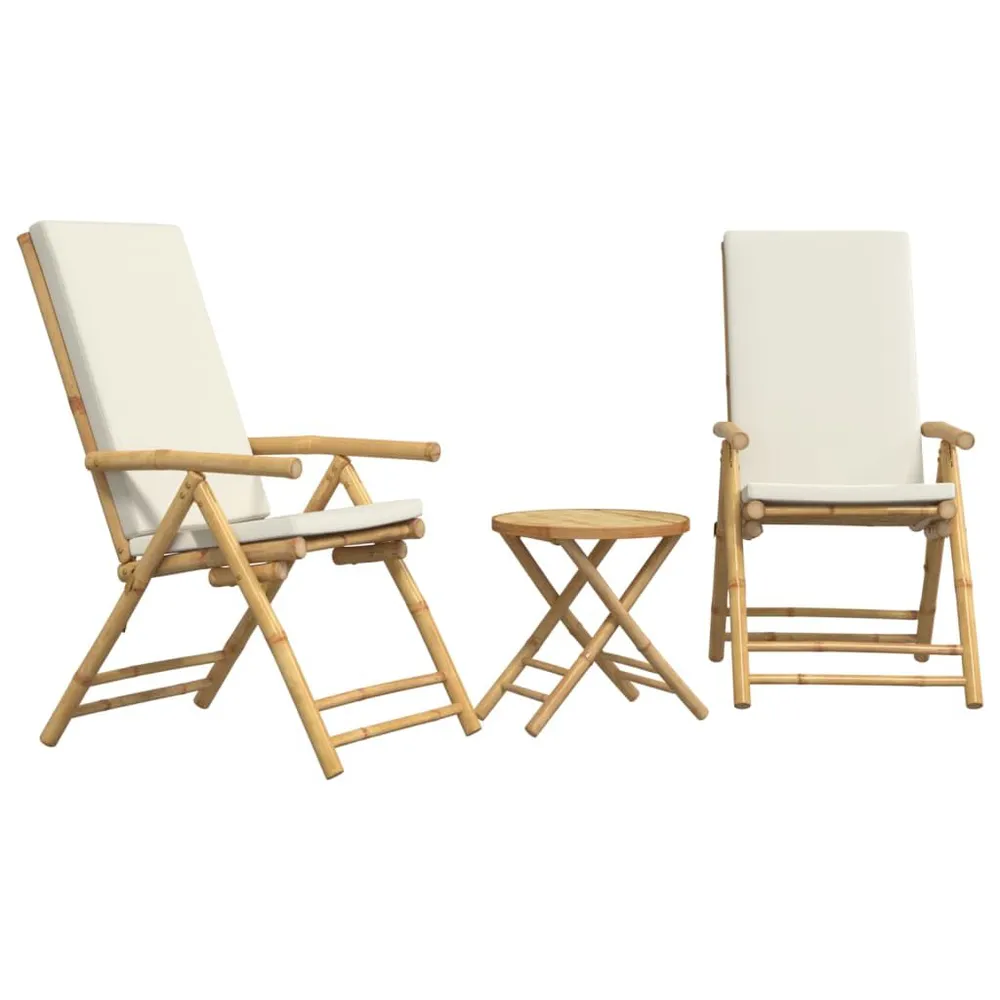 Ensemble de bistro pliante 3 pcs et coussins blanc crème bambou