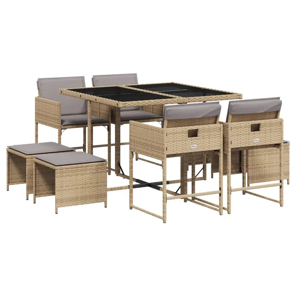 Ensemble à manger de jardin et coussins 9 pcs mélange beige