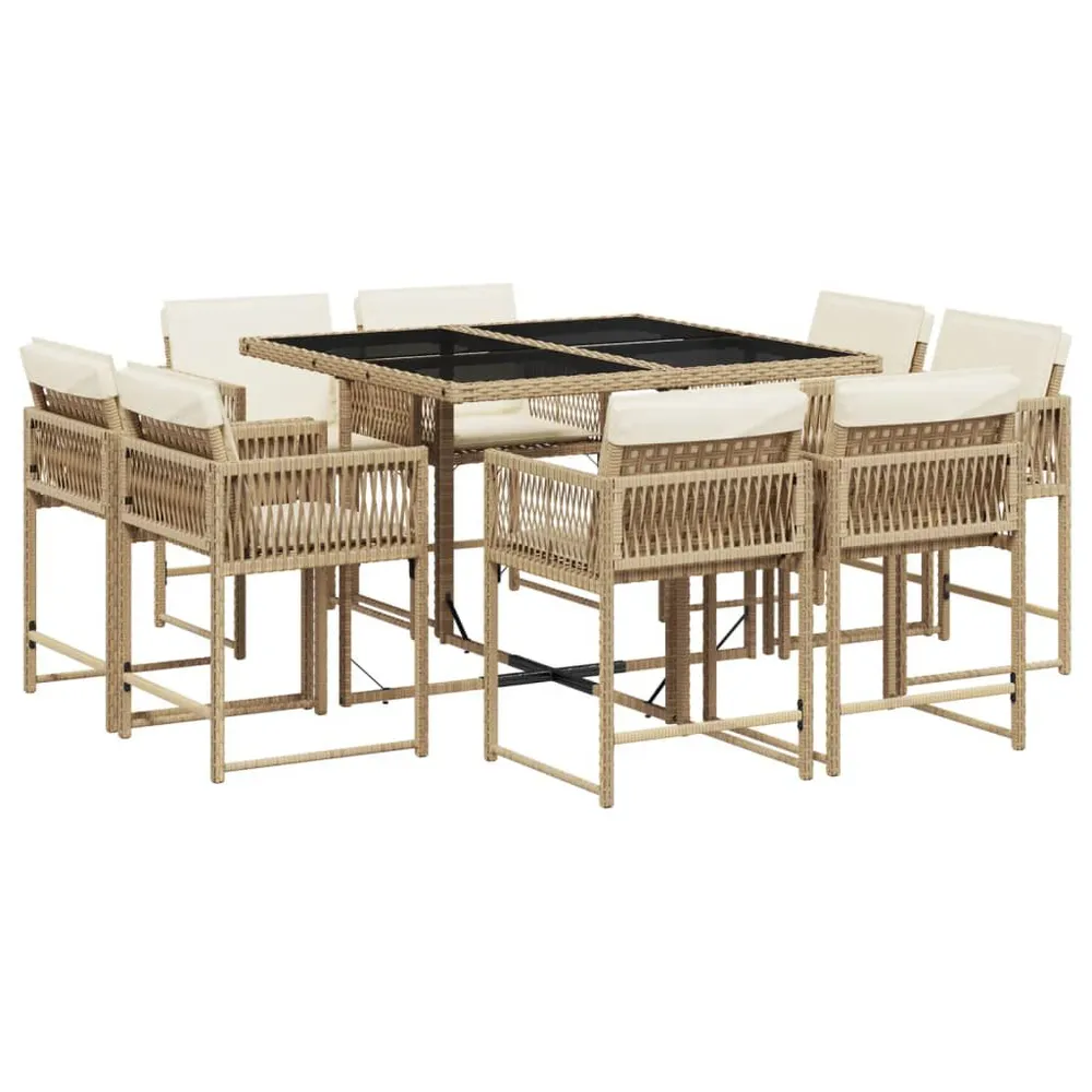 Ensemble à manger de jardin et coussins 9 pcs beige Poly rotin