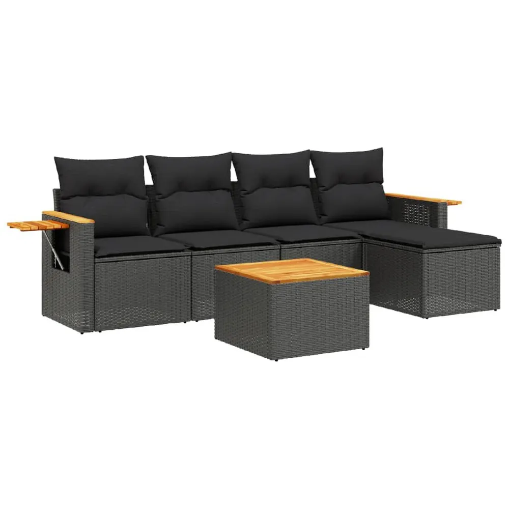 Salon de jardin 6 pcs avec coussins noir résine tressée